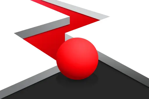 Bola vermelha prestes a seguir por um caminho estreito em zigue-zague sobre fundo branco e preto com trilha vermelha. Imagem promocional do jogo "Pop It Roller Splat", onde o jogador pinta o caminho ao mover a bola por labirintos.